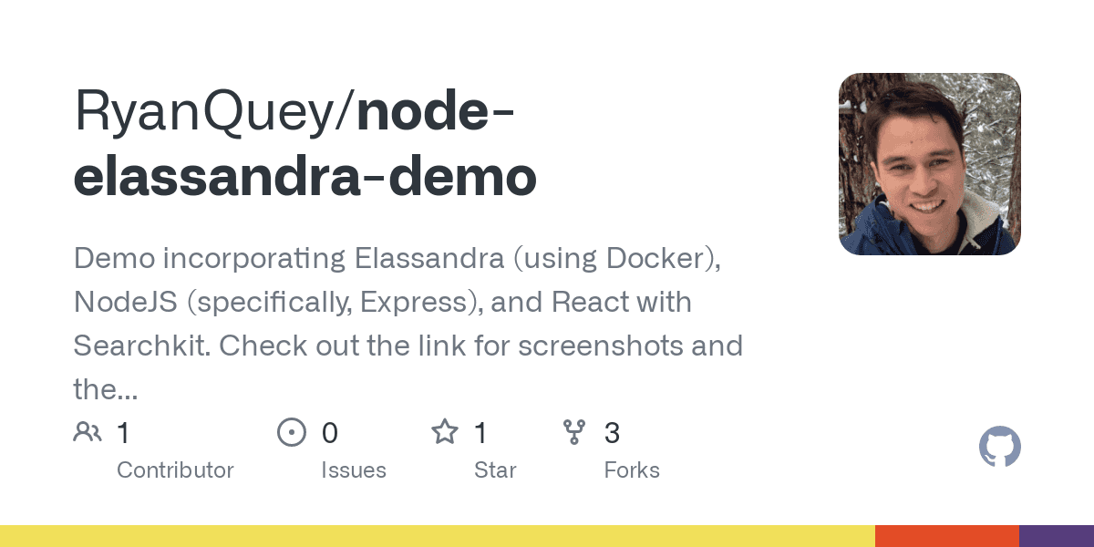 GitHub - RyanQuey/node-elassandra-demo: Demo incorporating Elassandra (using Docker), NodeJS (specifically, Express), and React with Searchkit. Check out the link for screenshots and the tutorial